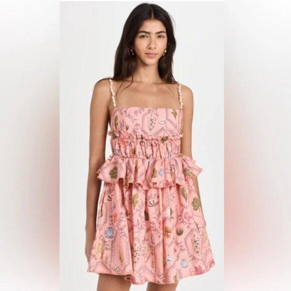 Agua by Agua Bendita Salvador Encaje Printed Cotton Mini Dress in Pink Multi NWT - Picture 1 of 13